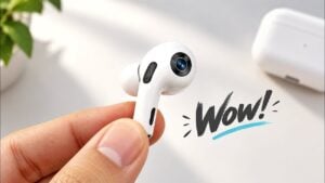 Concept rendering of Apple AirPods featuring tiny built-in cameras on the stems.