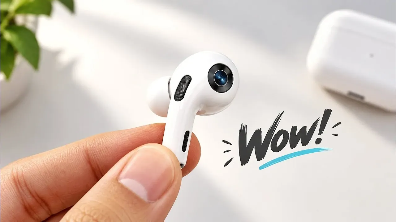 Close-up of a hypothetical camera lens integrated into a white wireless earbud.