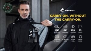 Front view of the Alpargali Cargo transformable trench coat.
