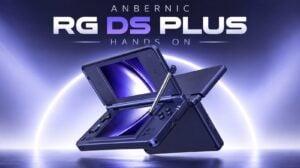 The Anbernic RG DS Plus handheld gaming console shown from the front.