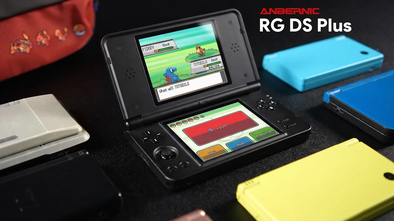 Dual 4.3-inch IPS displays showing a retro game in action.