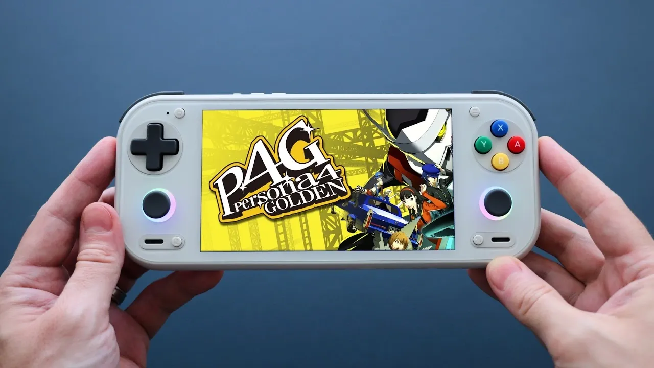 Someone playing a retro game on the Anbernic RG55G1.