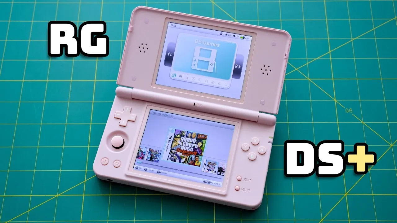 Close-up of the dual 4.3-inch LCD screens displaying a Nintendo DS game.