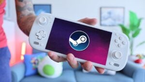 An Android gaming handheld displaying a Steam OS style menu.