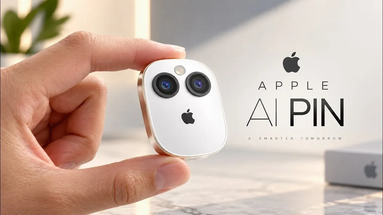 Person wearing a compact Apple wearable device on a necklace