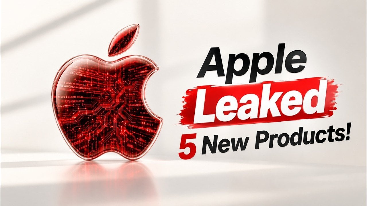 A lineup of rumored Apple products including an iPad and HomePod speaker.
