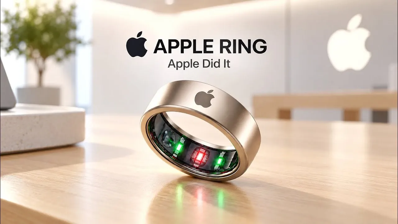 A mockup of an Apple smart ring next to an iPhone.
