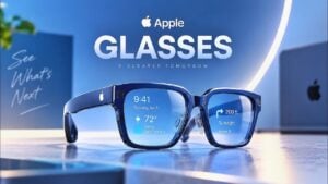 Concept render of lightweight Apple smart glasses on a white background.