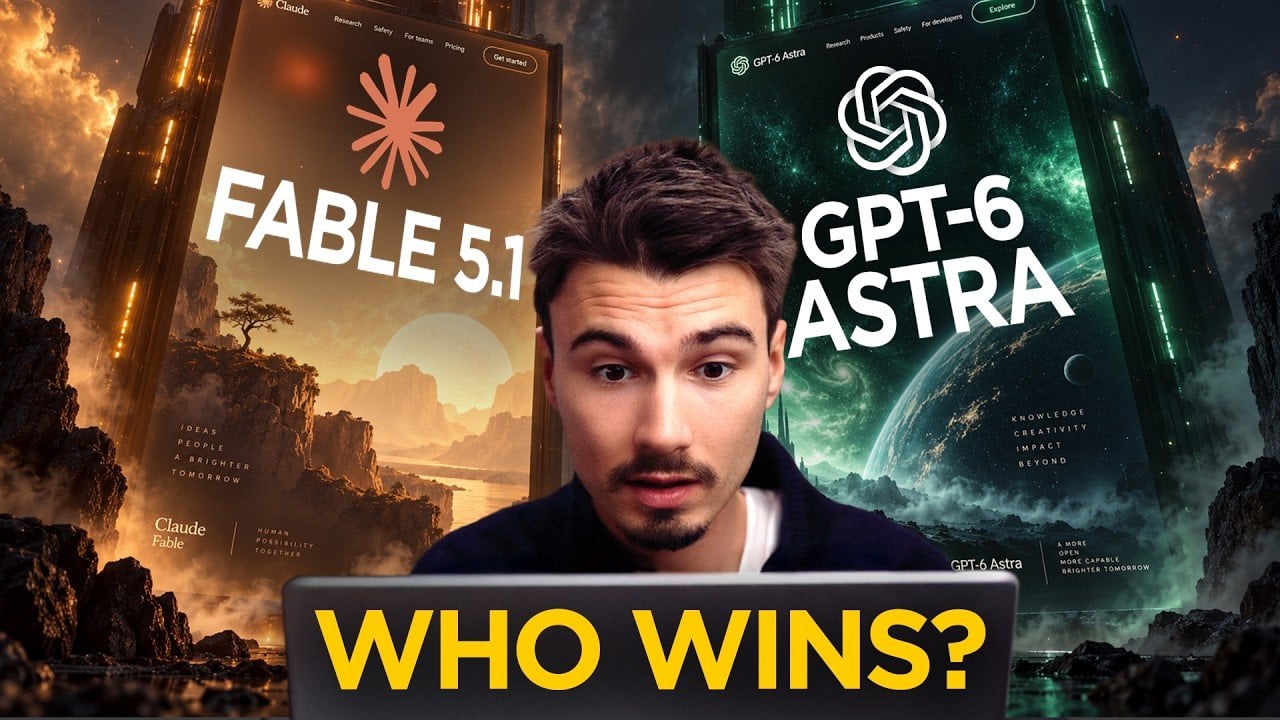 A side-by-side comparison of websites generated by GPT-6 Astra and Fable 5.1.