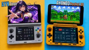 A side-by-side comparison of the AYANEO Pocket DS and AYN Thor.