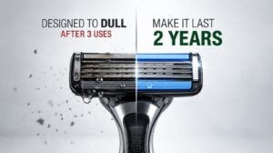A person sliding a razor backward along a pair of denim jeans.