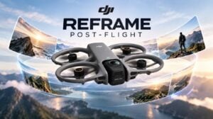 The DJI Avata 360 drone hovering in mid-air outdoors.