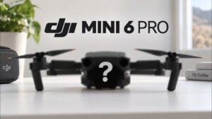 A compact DJI Mini series drone resting on a wooden table.