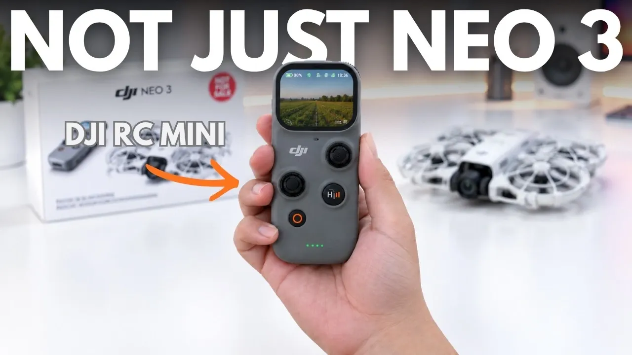 The DJI RC Mini controller positioned next to a small drone.