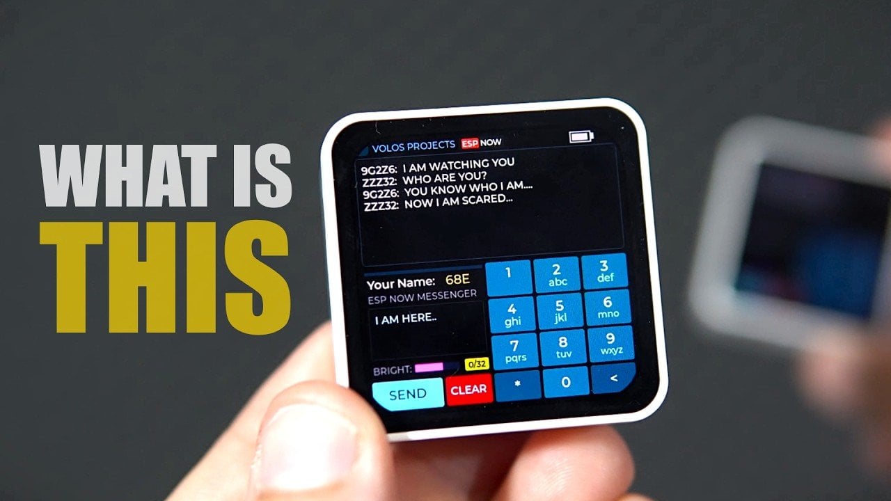 Two ESP32 messaging devices displaying text on their screens.