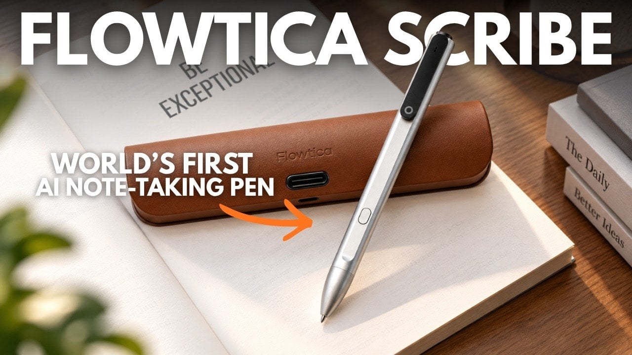 A sleek aluminum Flowtica Scribe pen resting on a desk.