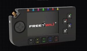 The front interface of the Free Wili 2 showing the touchscreen and D-pad.
