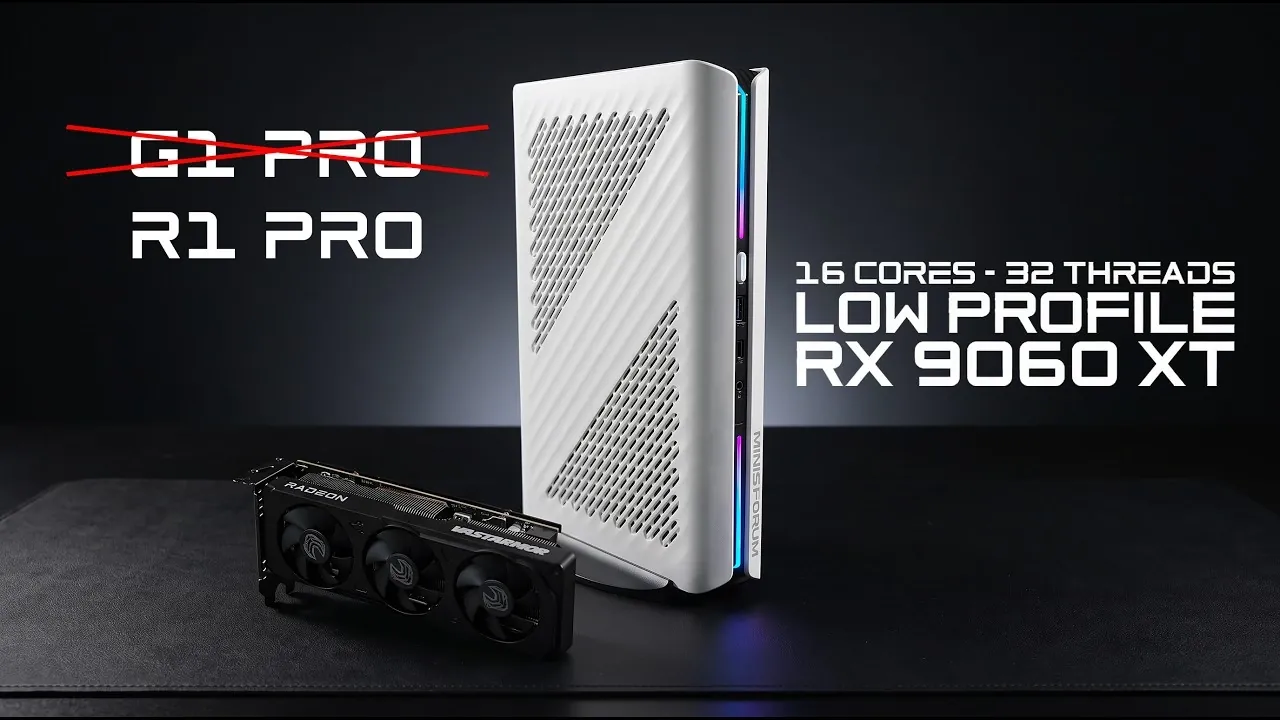 The Minisforum G1 Pro small form factor gaming PC on a desk.