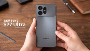The rumored design of the Samsung Galaxy S27 Ultra smartphone showing the camera layout.