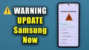 A Samsung Galaxy smartphone displaying a security warning on the screen.
