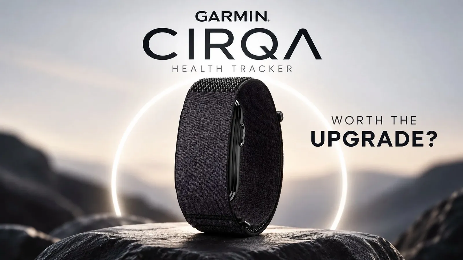 The Garmin CIRQA health tracker resting on a flat surface.
