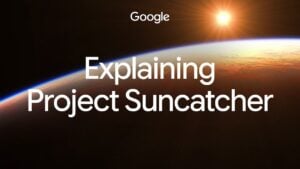 A conceptual rendering of a Google Project Suncatcher satellite in orbit.