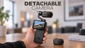 The Hohem Eyepic pocket gimbal camera with its handle and attached lens.