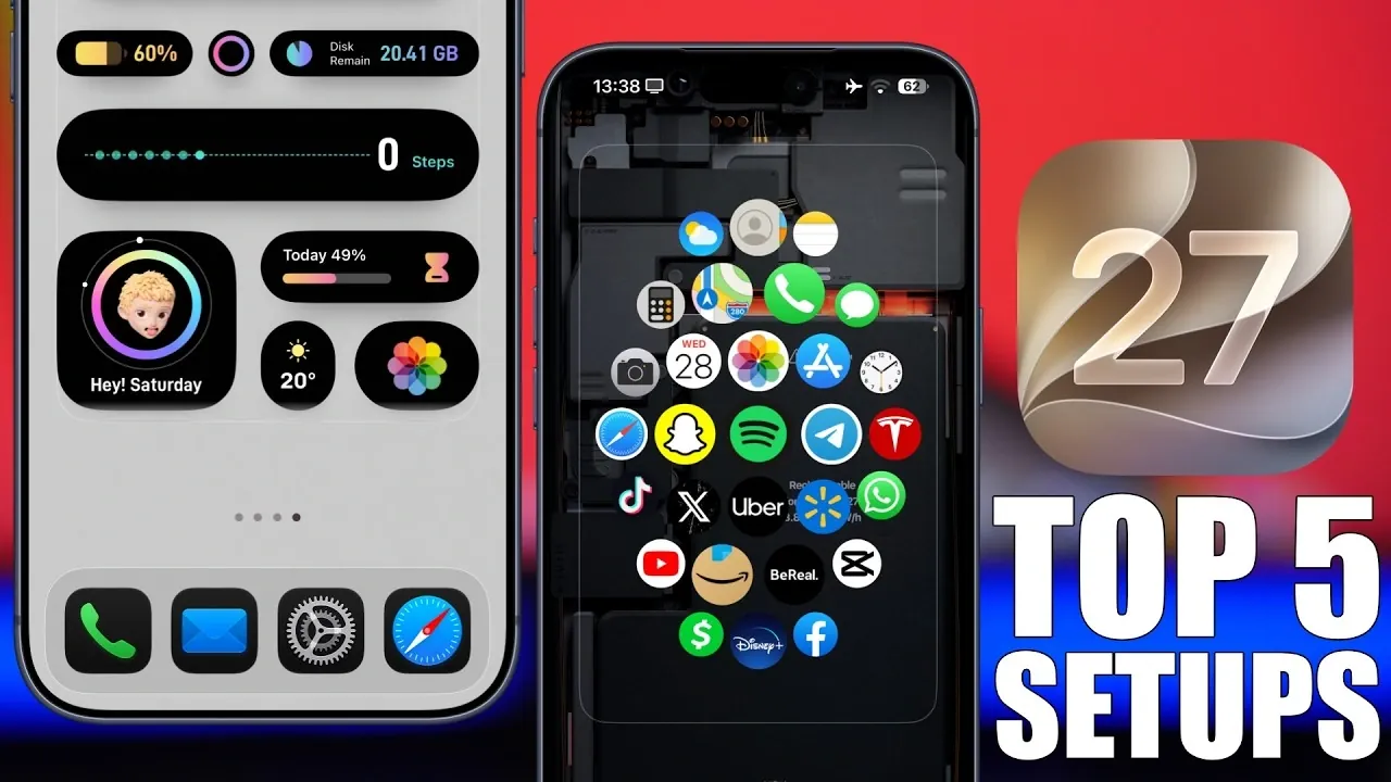 Transparent liquid glass icons on a colorful smartphone background.