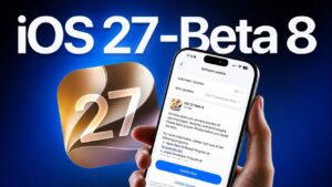 The iOS 27 Beta 8 download screen showing a 1.5 GB file size.
