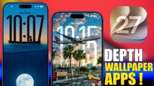 An iPhone lock screen showing a 3D depth effect overlapping the digital clock.
