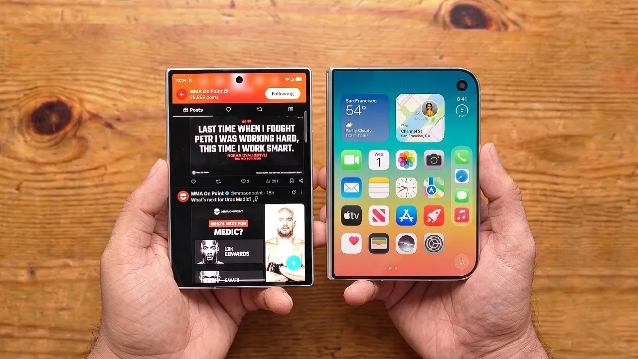 Close up of the display creases on both foldable smartphones.