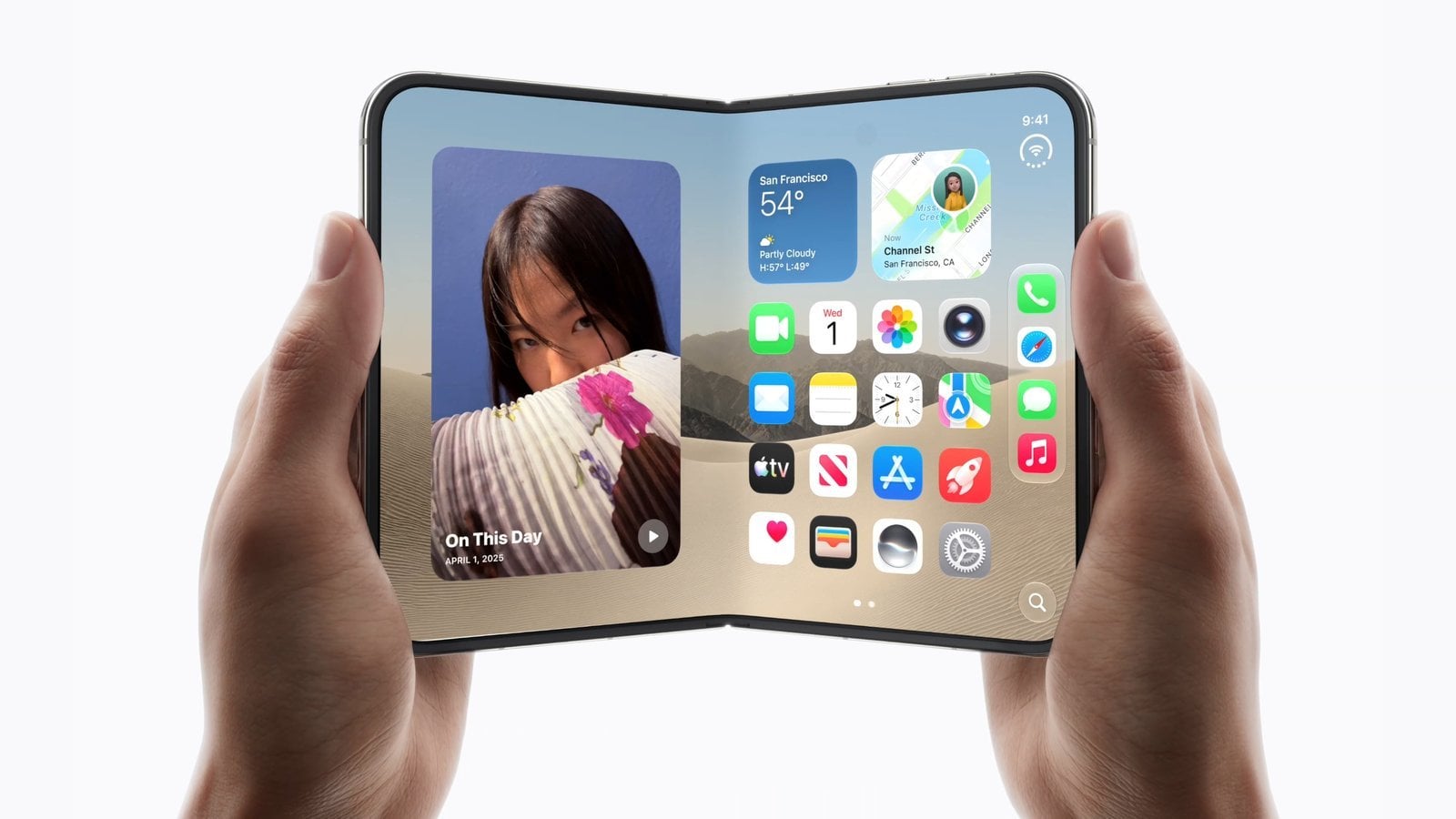 Unfolded iPhone Duo displaying the 7.6-inch inner screen with iOS 27 Split View.