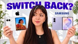 Side by side comparison of the newly announced iPhone Duo and a Samsung folding phone.