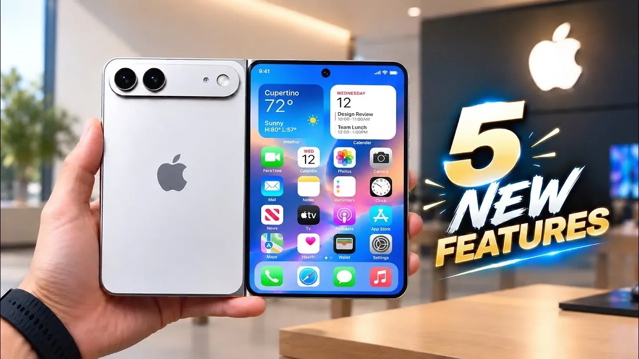 The expected passport-like shape of the folded Apple smartphone next to a standard iPhone.