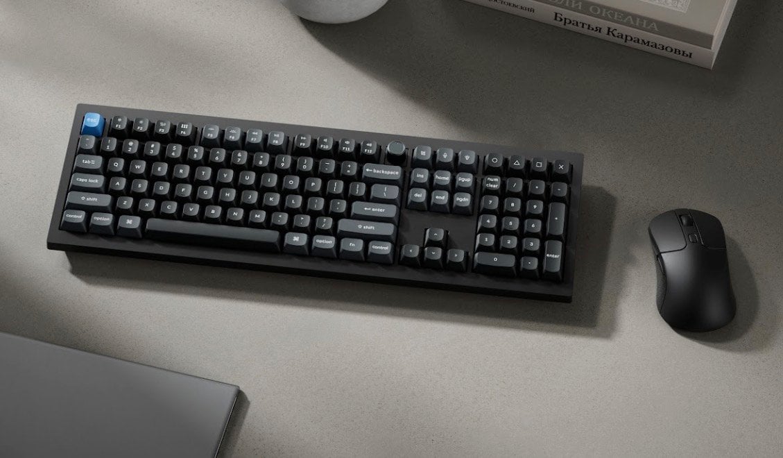 Overhead view of the full-size Keychron V6 Ultra keyboard on a desk.