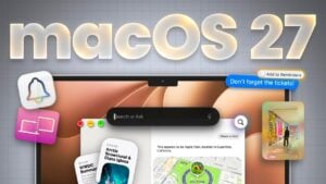 The new macOS 27 desktop showing extra-large widgets and an updated menu bar.