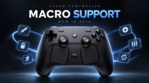 The Steam Controller settings menu showing the macro configuration interface.