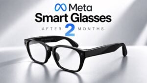 Meta Smart Glasses resting on a desk next to their charging case