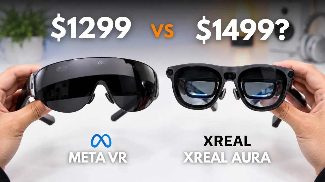 A person wearing the lightweight Meta VR glasses with a tethered puck.