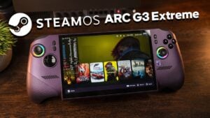 The MSI Claw Exai Plus handheld gaming PC running SteamOS.