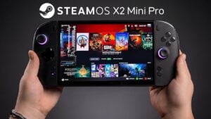 The ONEXPLAYER X2 Mini Pro handheld gaming device running SteamOS.