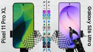 Side by side comparison of the Google Pixel 11 Pro XL and Samsung Galaxy S26 Ultra.