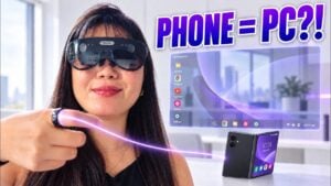 A portable computing setup featuring a smartphone, smart ring, and glasses.