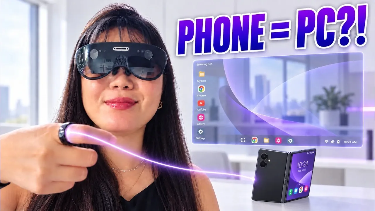 The URXR1 smart glasses connected to a smartphone via a cable.