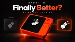 The Rabbit R1 AI assistant device resting on a desk.