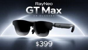 Front view of the RayNeo GT Max AR glasses resting on a desk.