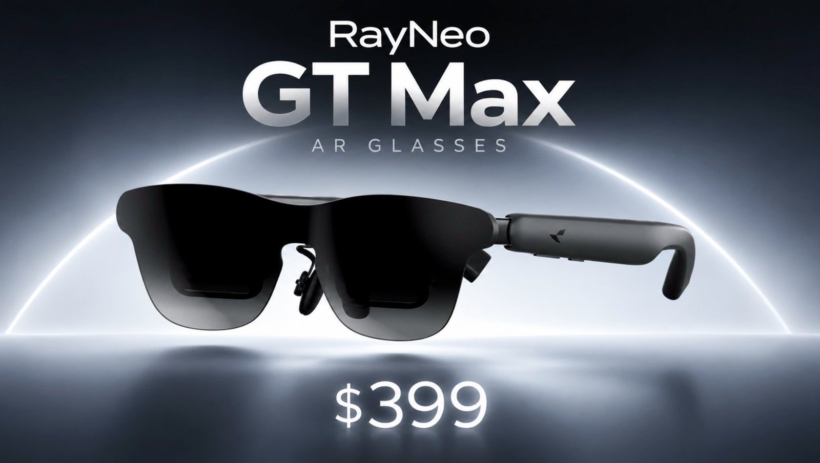 Front view of the RayNeo GT Max AR glasses resting on a desk.