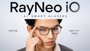 RayNeo iO smart glasses resting on a wooden desk