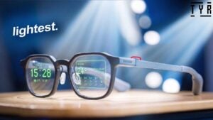 Front view of the lightweight RayNeo iO smart glasses.