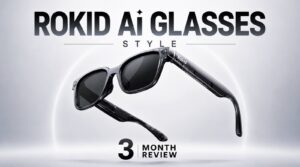 Black Rokid Air Glass Style smart glasses resting on a desk.